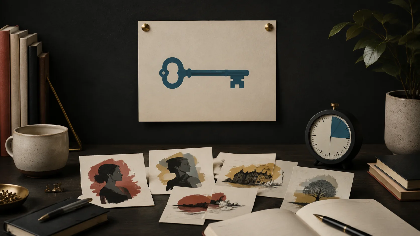 Writer's preparation materials including premise notes, character sketches, and planning timeline