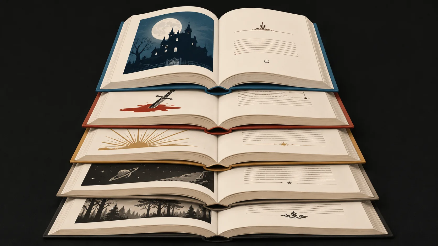 Multiple genre novels displayed showing structural patterns and reader expectations