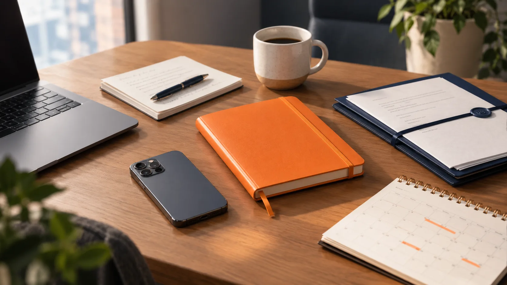 Five essential items for starting affiliate email marketing arranged on a desk: platform signup, lead magnet notes, niche
