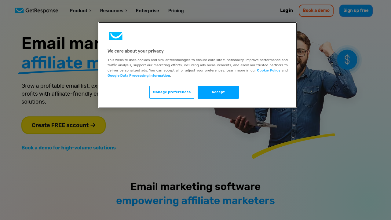 GetResponse affiliate marketing automation interface showing a multi-step email funnel sequence.