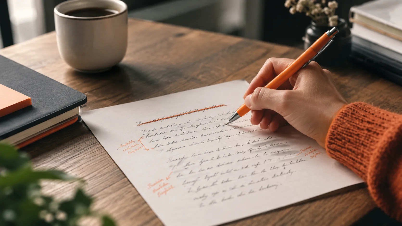 Affiliate marketer editing email copy by hand, refining subject lines and call-to-action text for higher click-through rates.