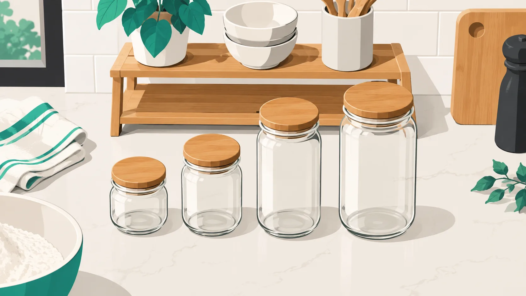 Mason jars in different sizes with storage lids and organizing accessories arranged on a kitchen counter