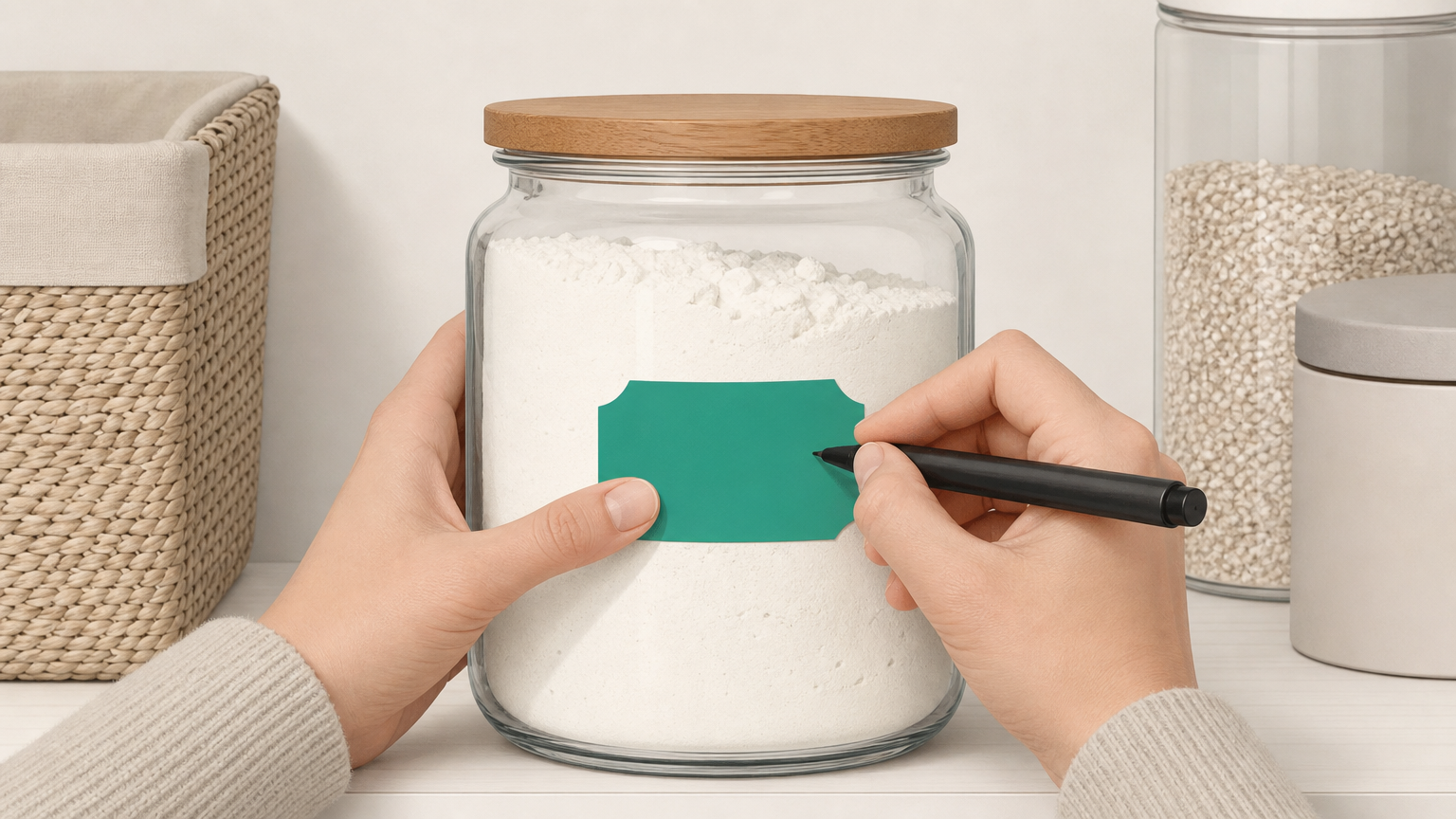 Hand labeling a mason jar with a pantry label to identify stored dry goods clearly