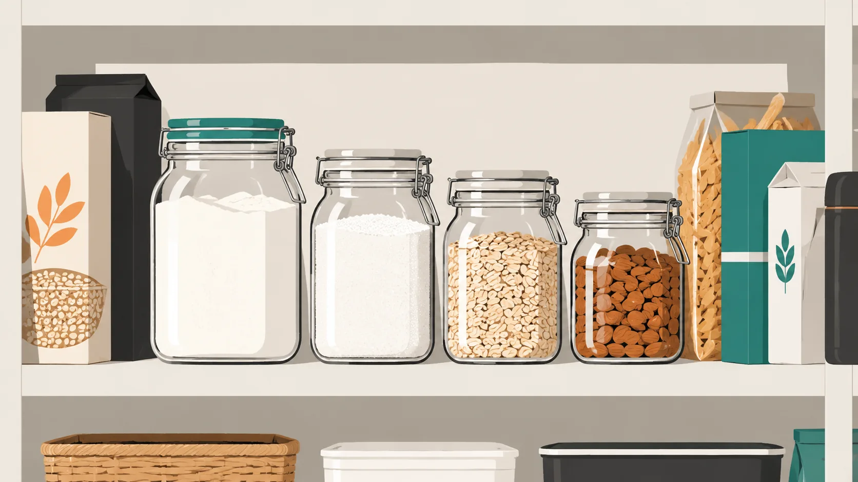 Organized pantry shelf showing clear mason jars filled with dry goods like flour and grains alongside original packaging