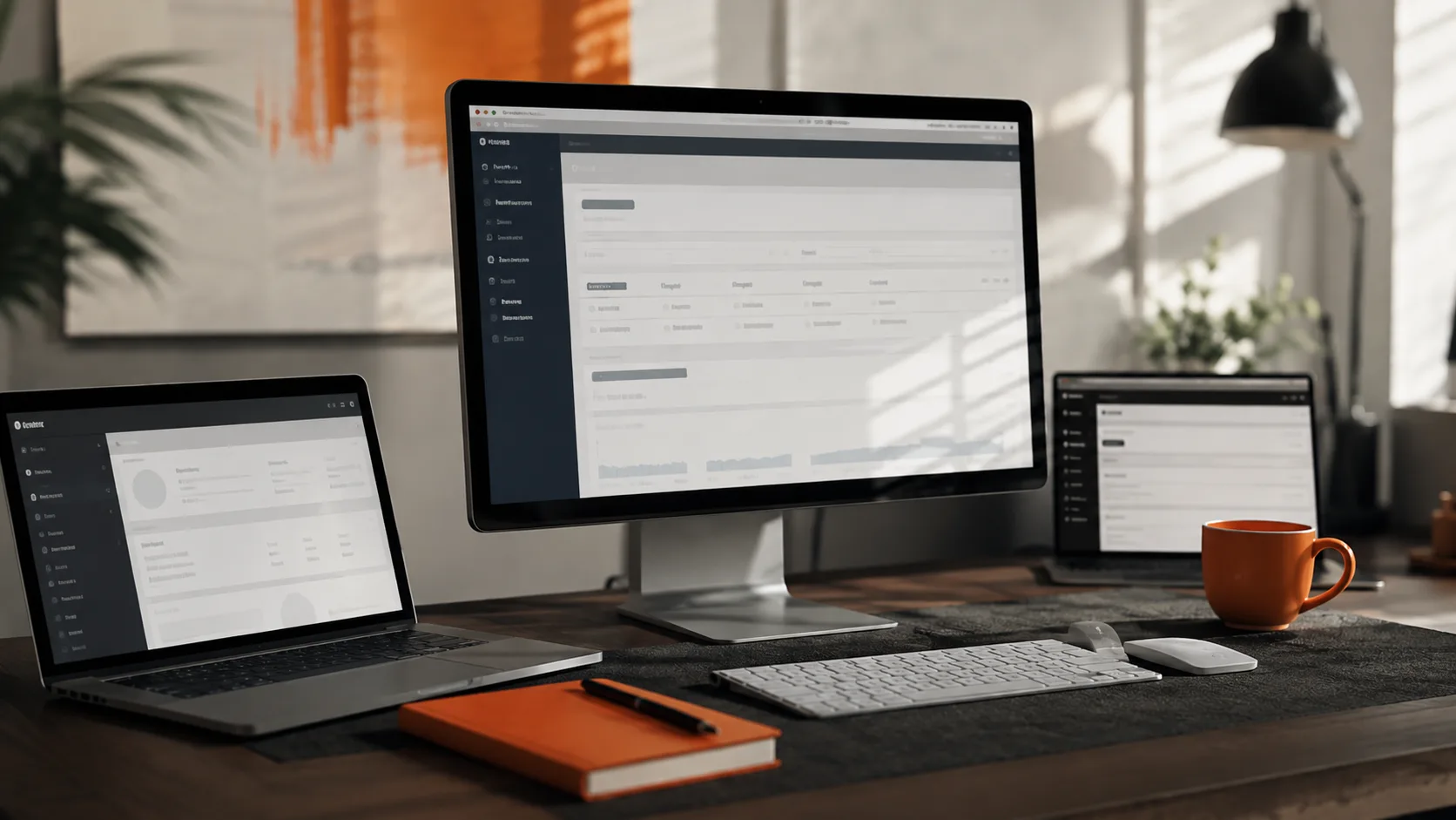 A marketer's workstation showing essential tools for affiliate marketing including Google Search Console, affiliate programs, and WordPress.