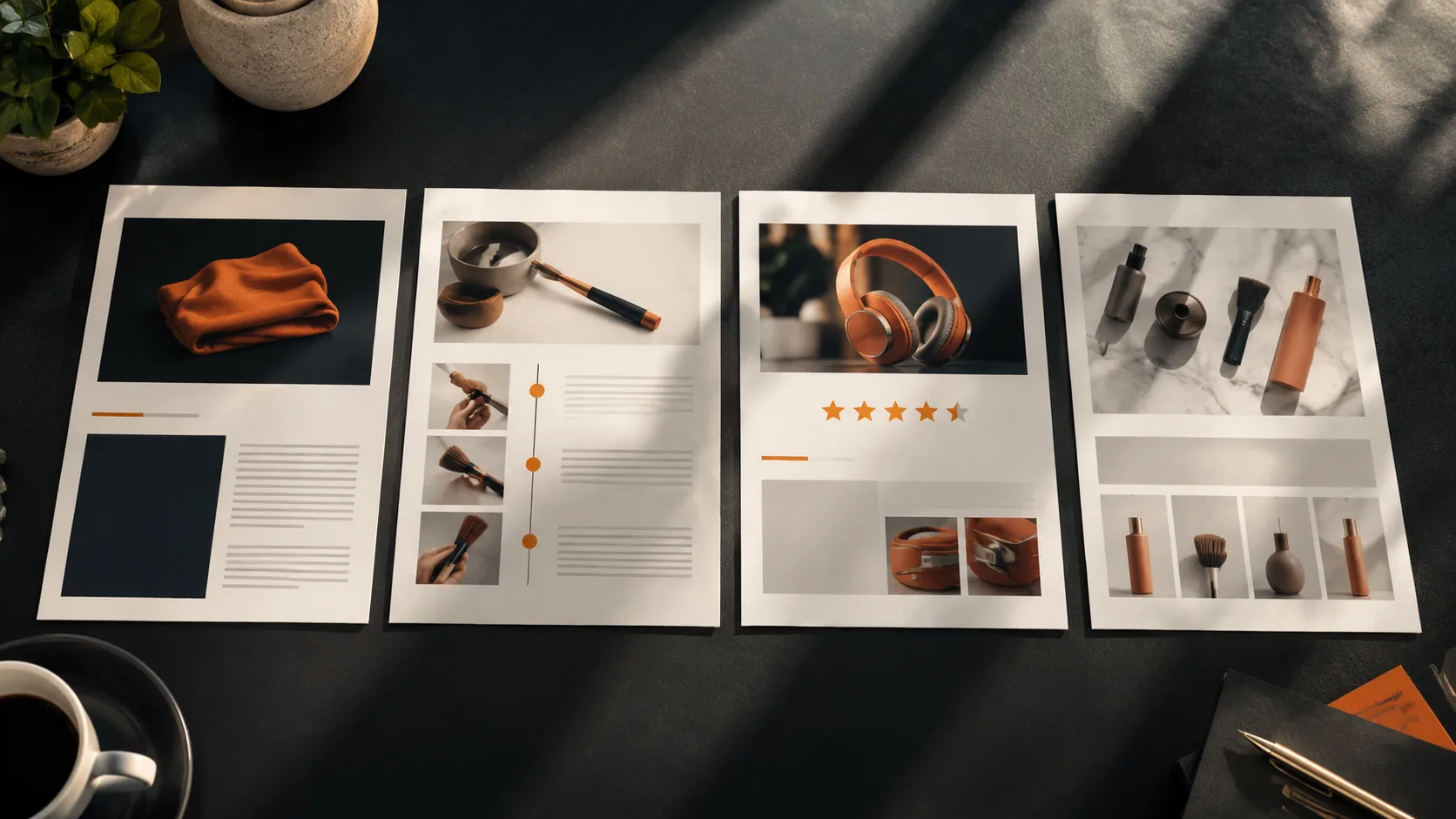Four high-performing content formats for affiliate marketing displayed as printed examples: comparisons, how-to guides, reviews, and round-ups.
