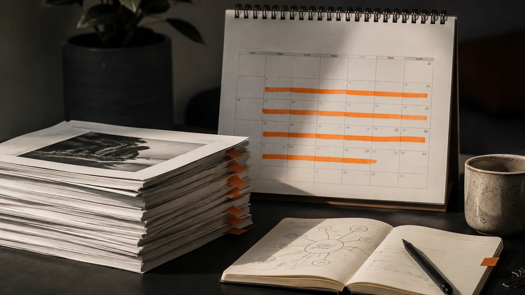 A six-step organic traffic pipeline workflow illustrated by a timeline, blog post stack, and internal linking notes on a desk.