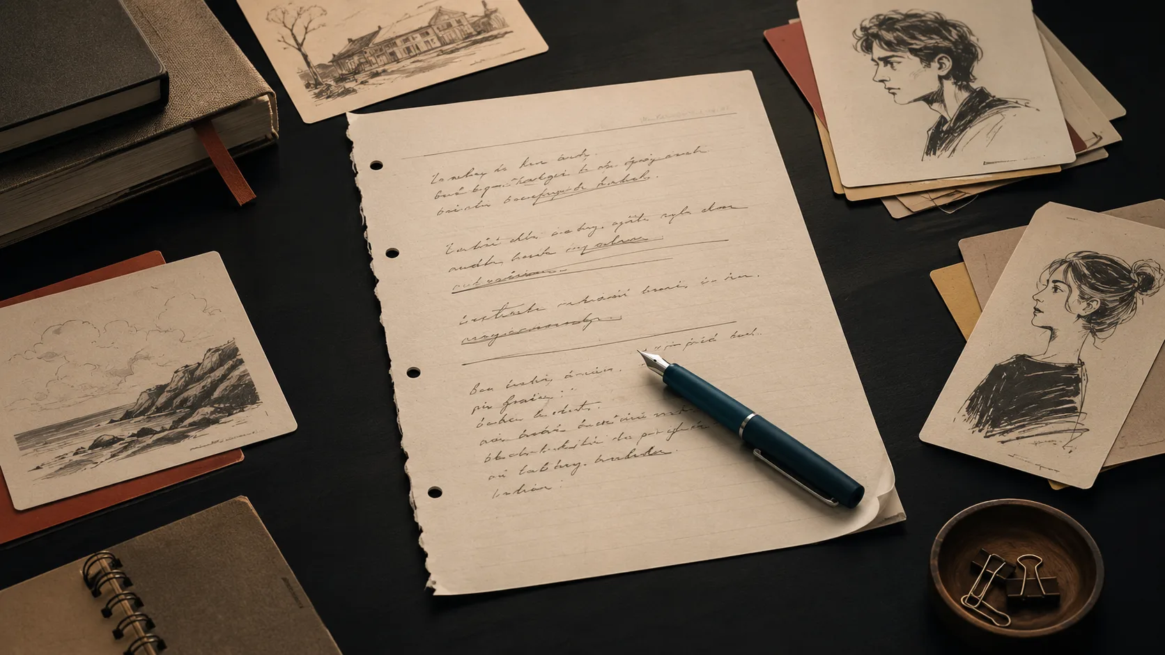 A writer's workspace with scattered story premise notes and character sketches on paper, showing pre-planning materials.
