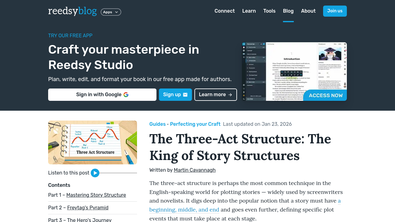 Reedsy guide to three-act structure displayed on a laptop screen