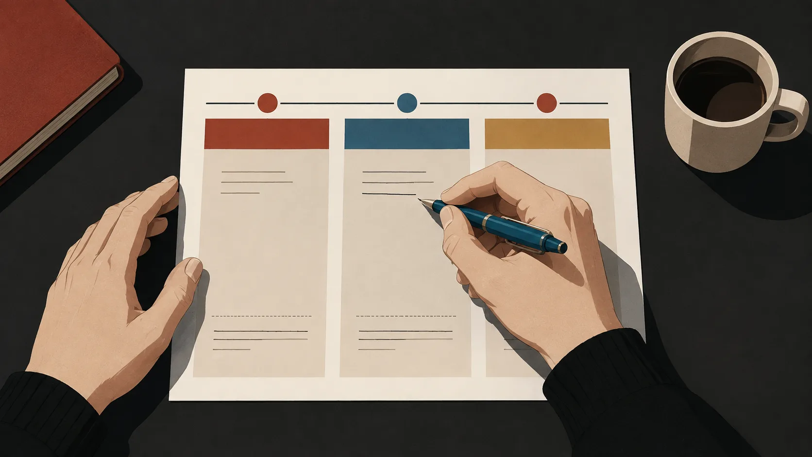 A writer's hands filling in sections of a three-act structure template worksheet with a pen, working through story beats.