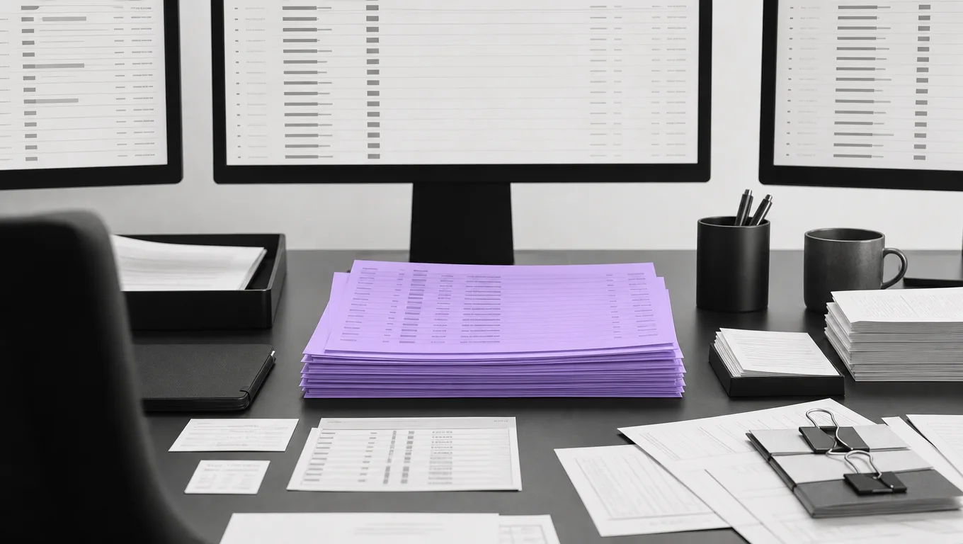 Operations desk with settlement tickets and transaction logs
