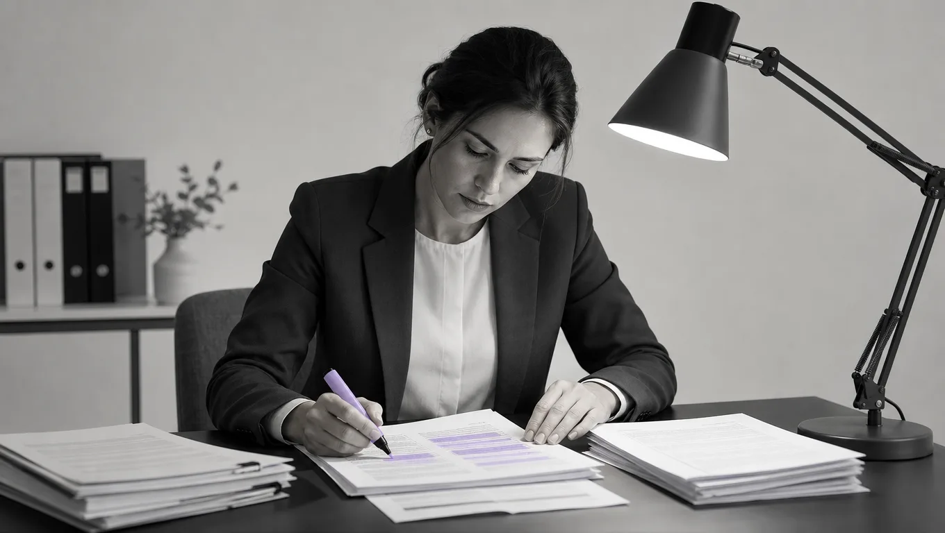 Regulatory compliance documents being reviewed under lamplight