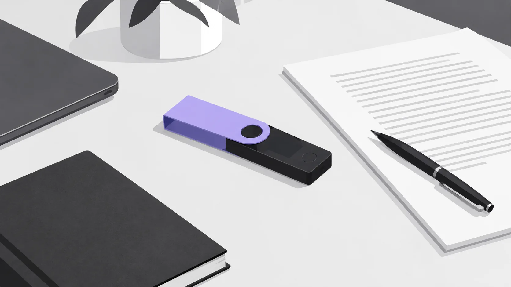Hardware wallet next to a printed security protocol