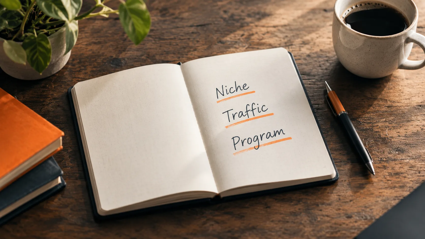 Notebook showing three foundational steps: niche, traffic channel, and affiliate program