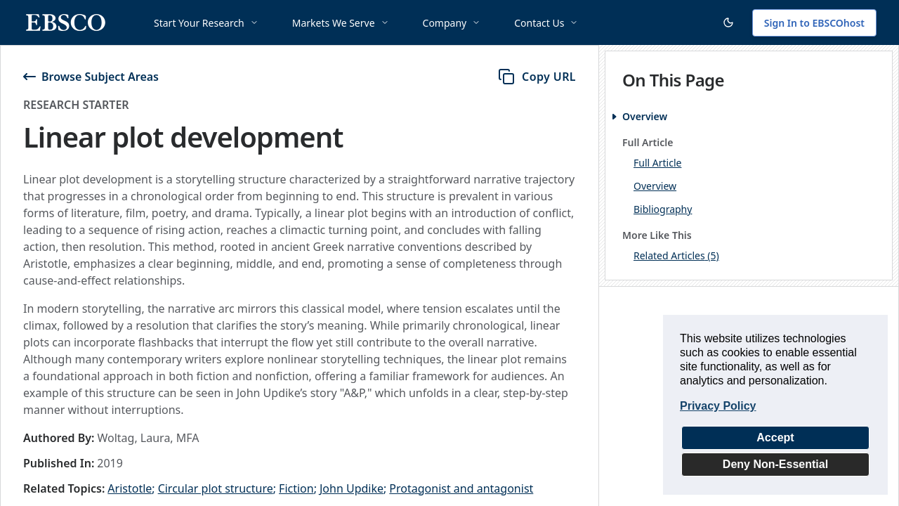 EBSCO research entry on linear plot development explaining Aristotle's narrative framework and classical story structure.