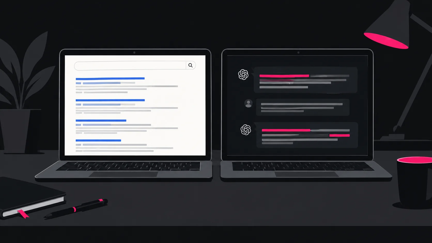 Side-by-side comparison of Google search results versus AI assistant answers showing different brand visibility channels
