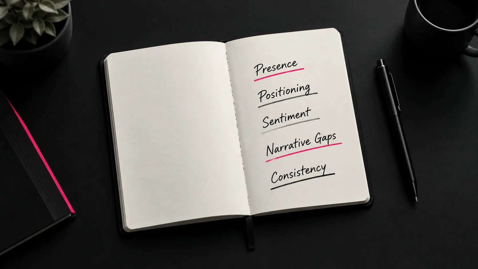 Weekly LLM visibility tracking metrics written in a notebook, showing the five key measurements brands should monitor