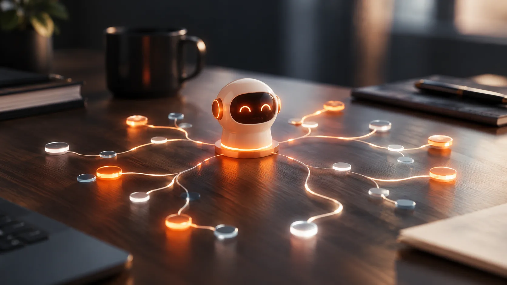 Visualization of agentic AI system running interconnected decisions and adjustments through marketing workflows