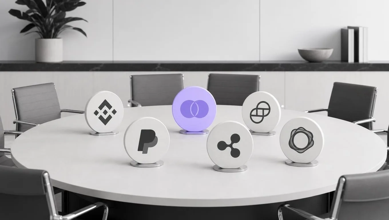 Logos of cryptocurrency and fintech partners including Binance, PayPal, and Ripple in Mastercard program