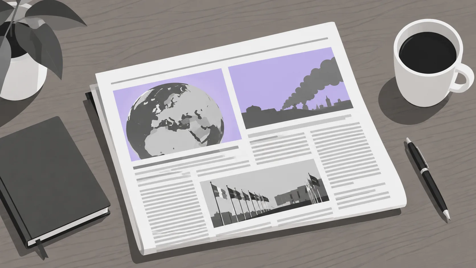 Financial news and reports on a desk showing macro and geopolitical factors affecting crypto markets