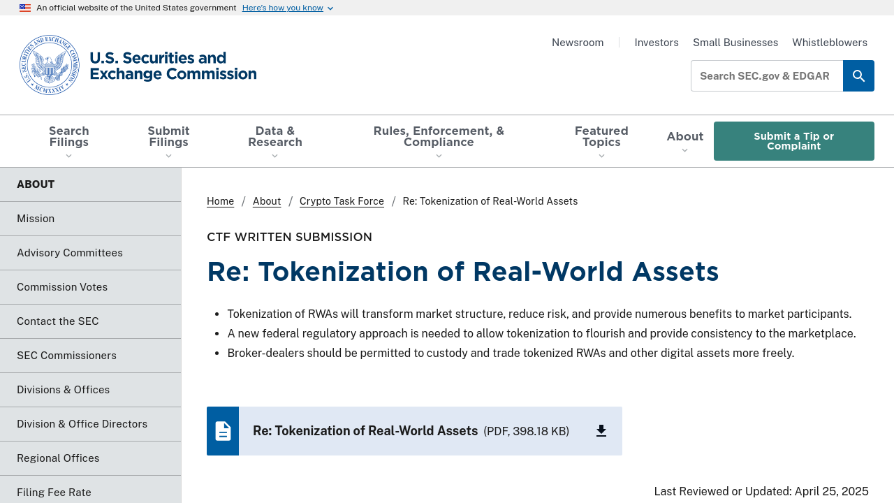 Screenshot of the SEC Crypto Task Force written submission page for Robinhood's tokenization proposal filed April 25, 2025.