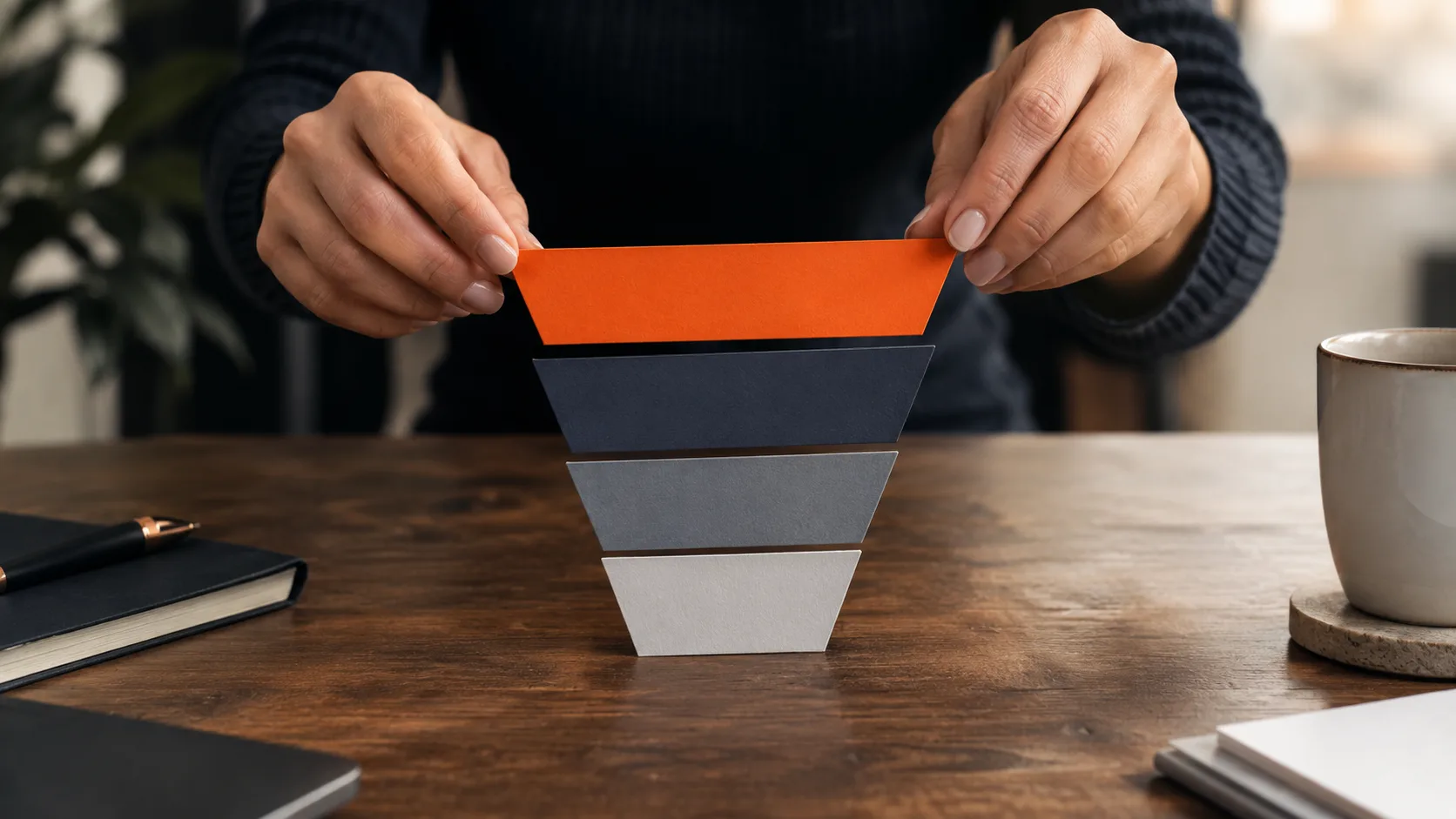 Hands building a sales funnel step-by-step, representing the practical process of creating a funnel from scratch.