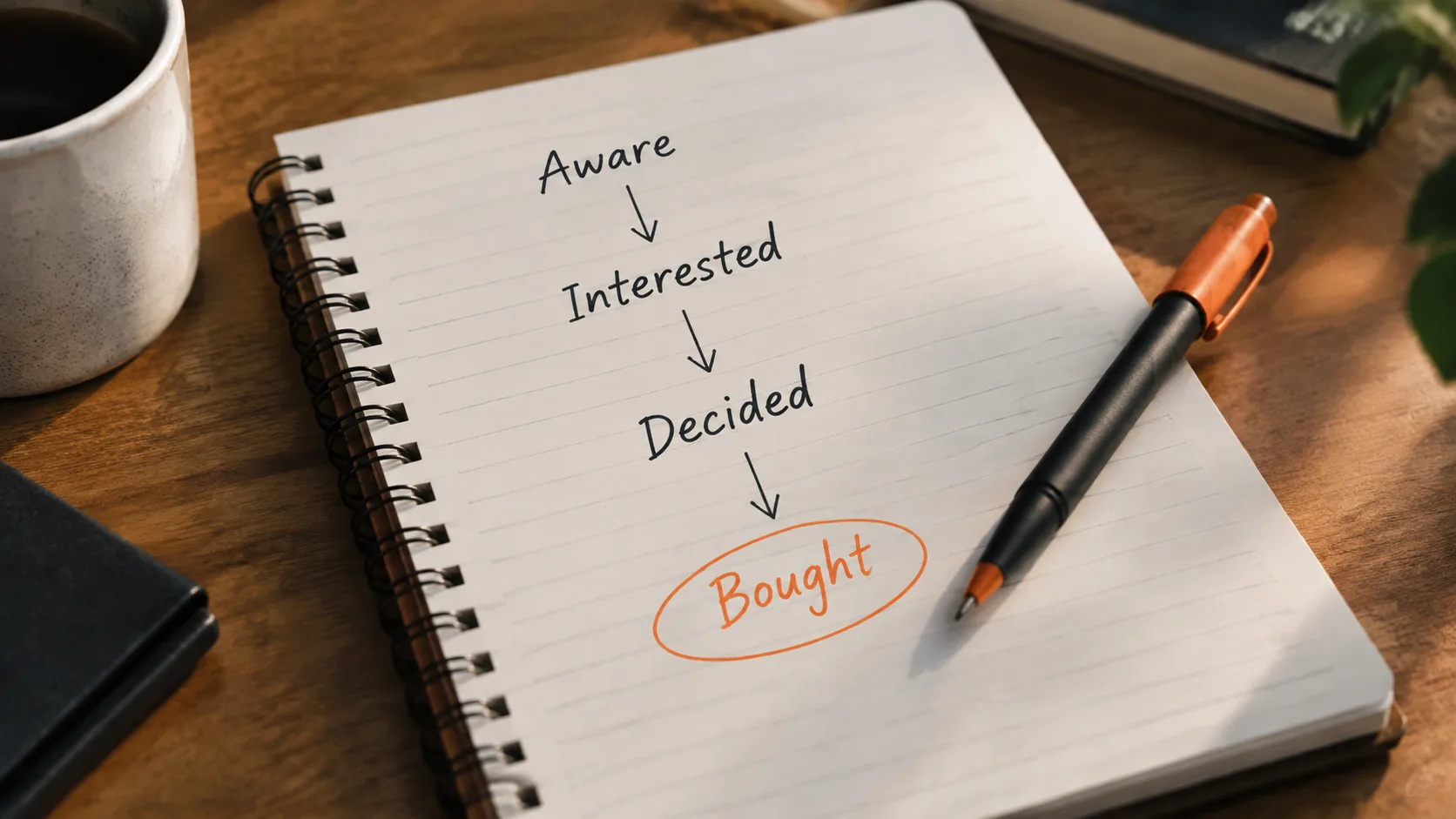 A hand-drawn representation of the four sales funnel stages on a notebook, showing the flow from awareness to purchase.