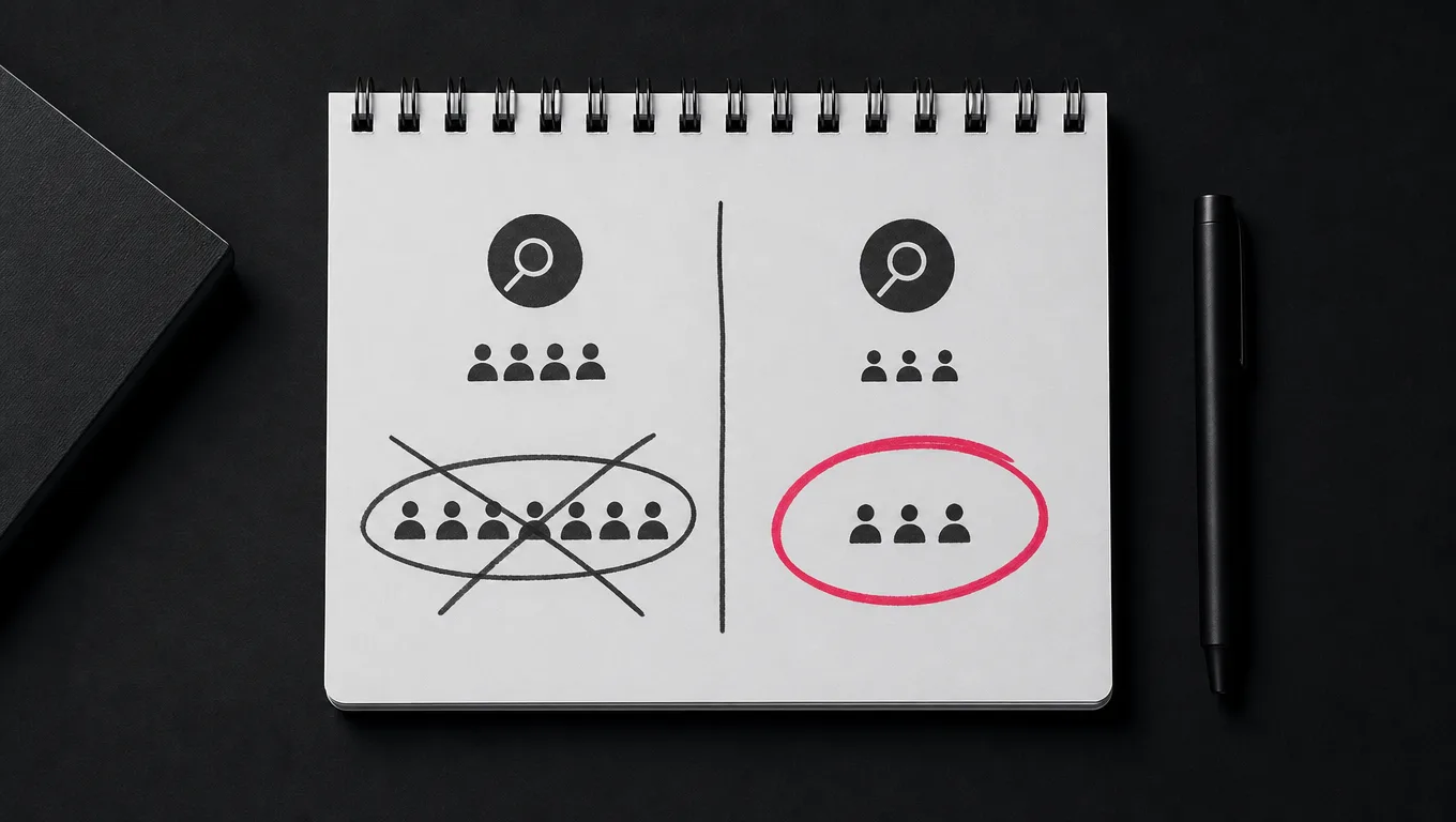 Notepad comparing search volume versus buyer intent, highlighting how lower-volume keywords can drive higher-quality leads.