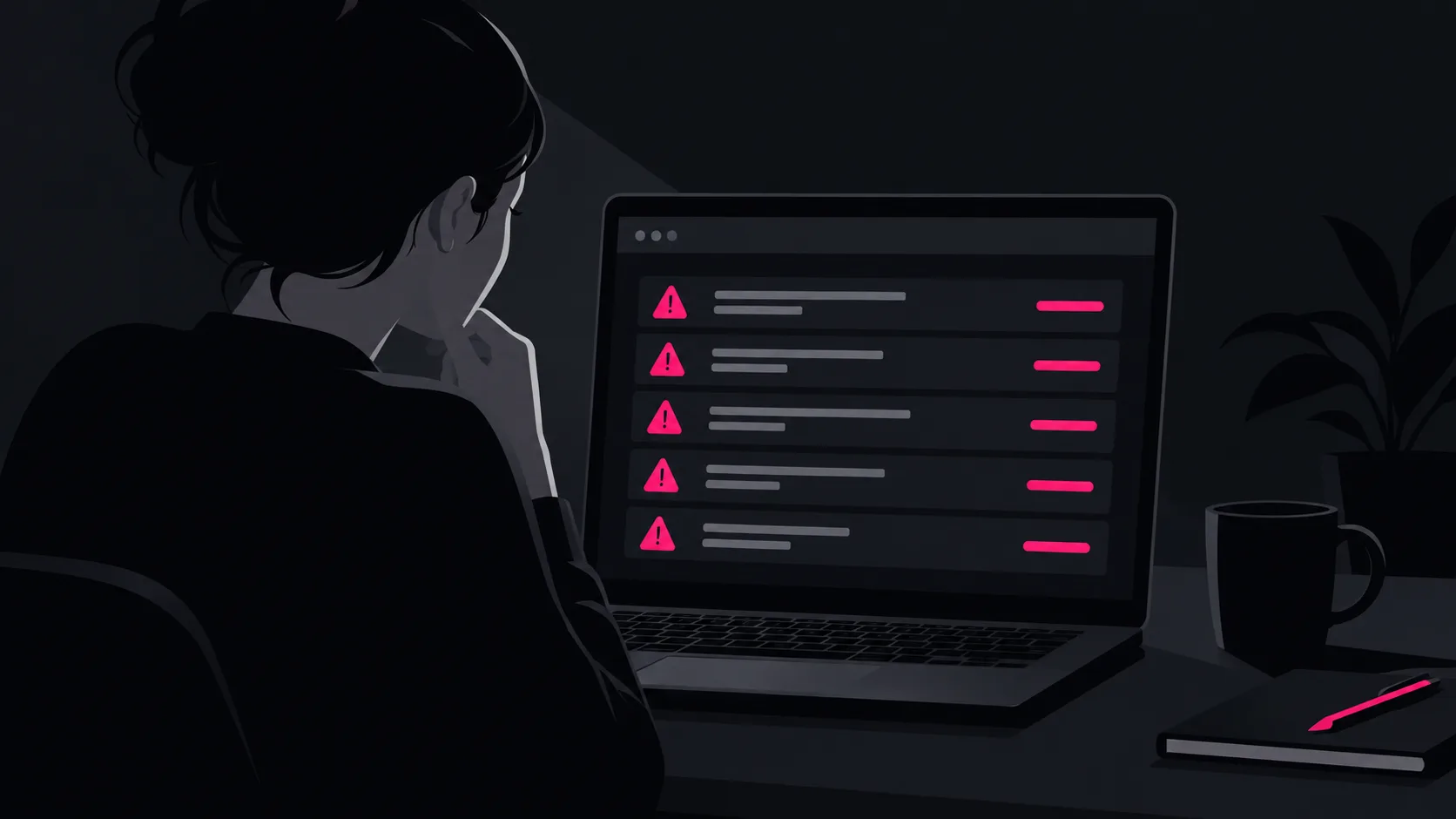 Developer reviewing a technical SEO crawl report on screen showing JavaScript rendering and URL duplication issues