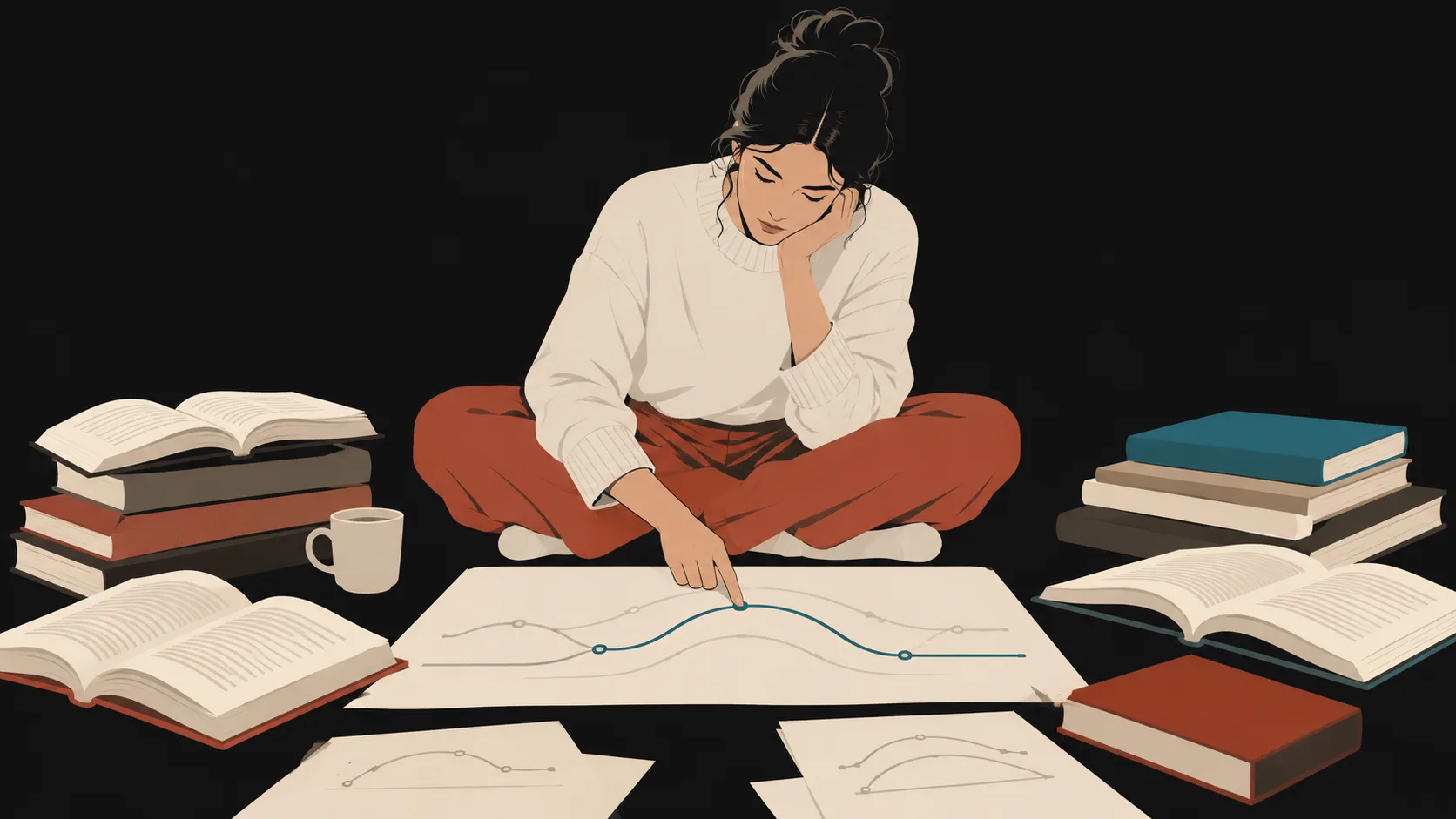 Writer studying archetypal plot patterns across multiple open books and sketches