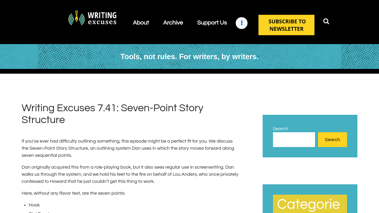 Writing Excuses podcast page explaining the seven-point story structure with point definitions.