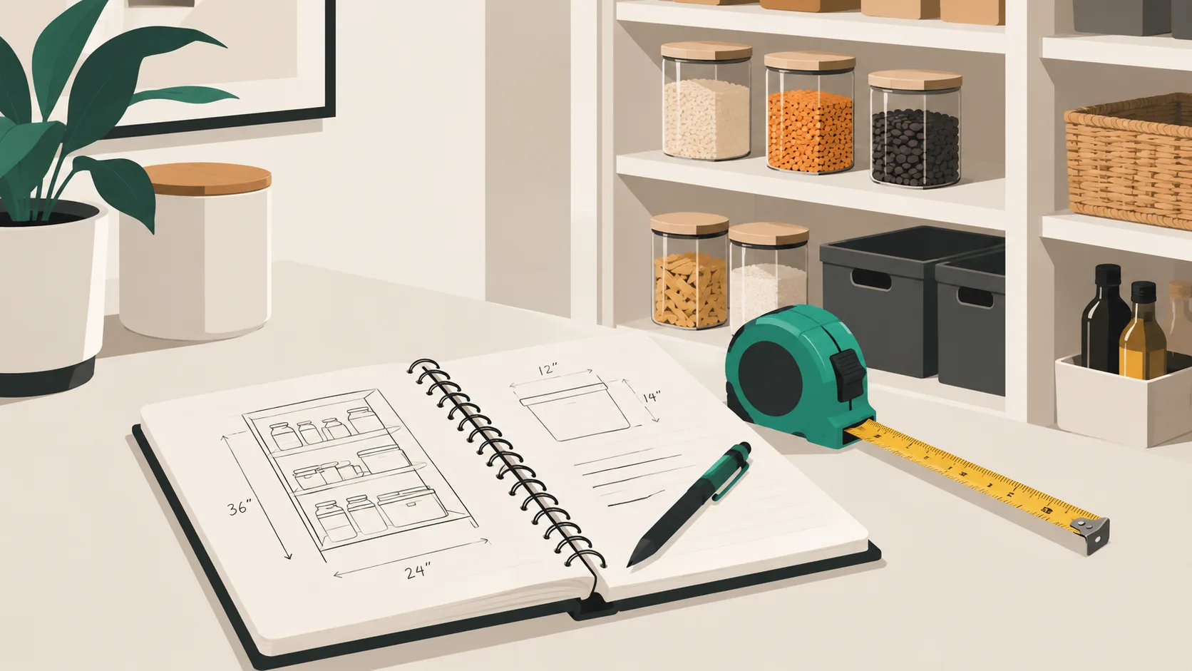 Measuring tape and planning notes for pantry organization and small kitchen storage