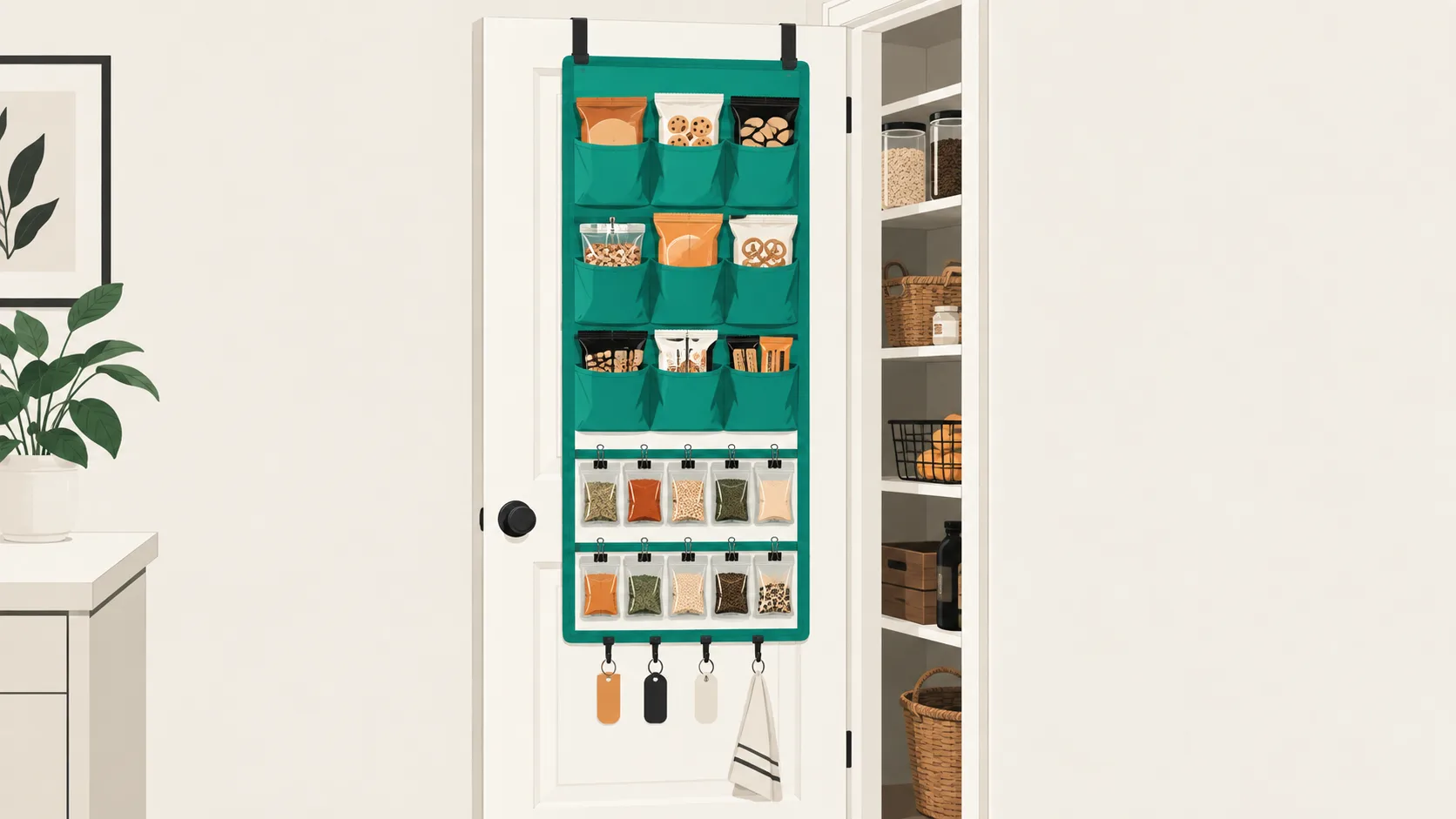 Over-door pantry organization with pockets and hooks holding snacks and spices, maximizing vertical space in small kitchens.