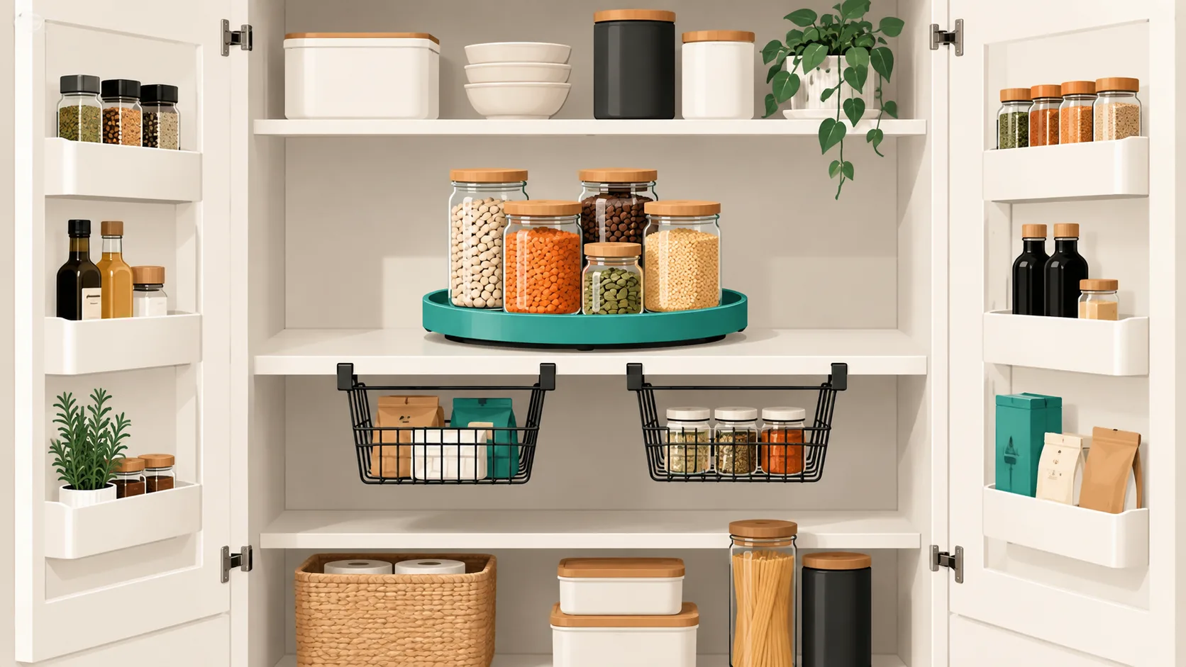 Small pantry with turntable and under-shelf baskets for maximizing storage space
