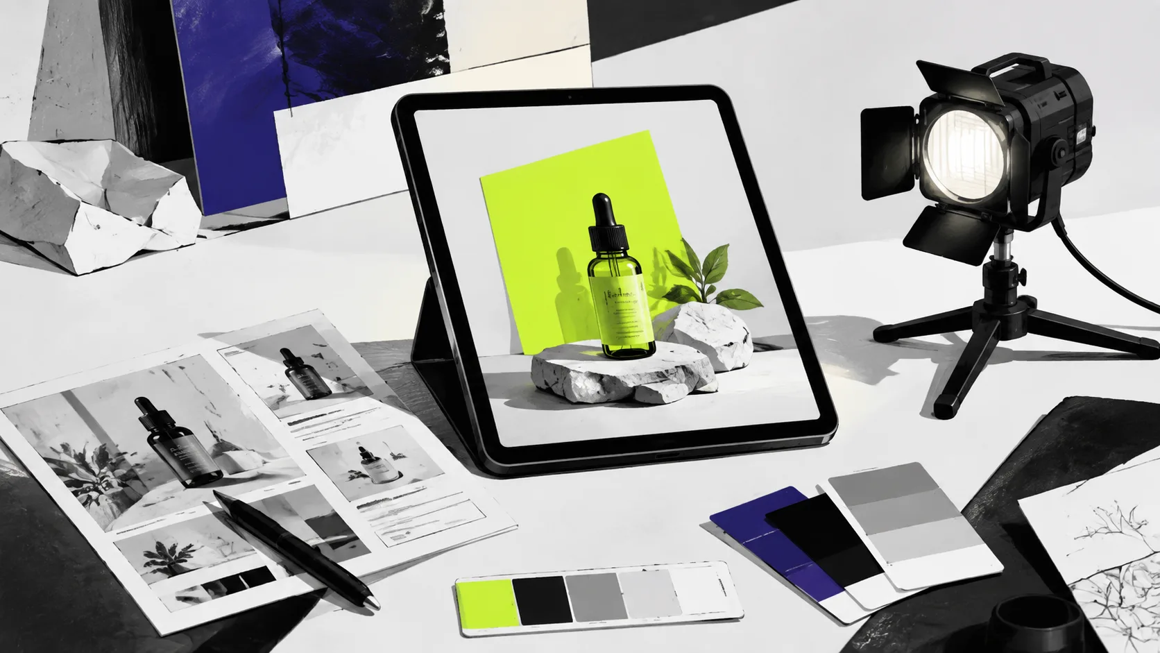 Sample social media content deliverables including product photography, design assets, and copywriting briefs arranged on a production desk.