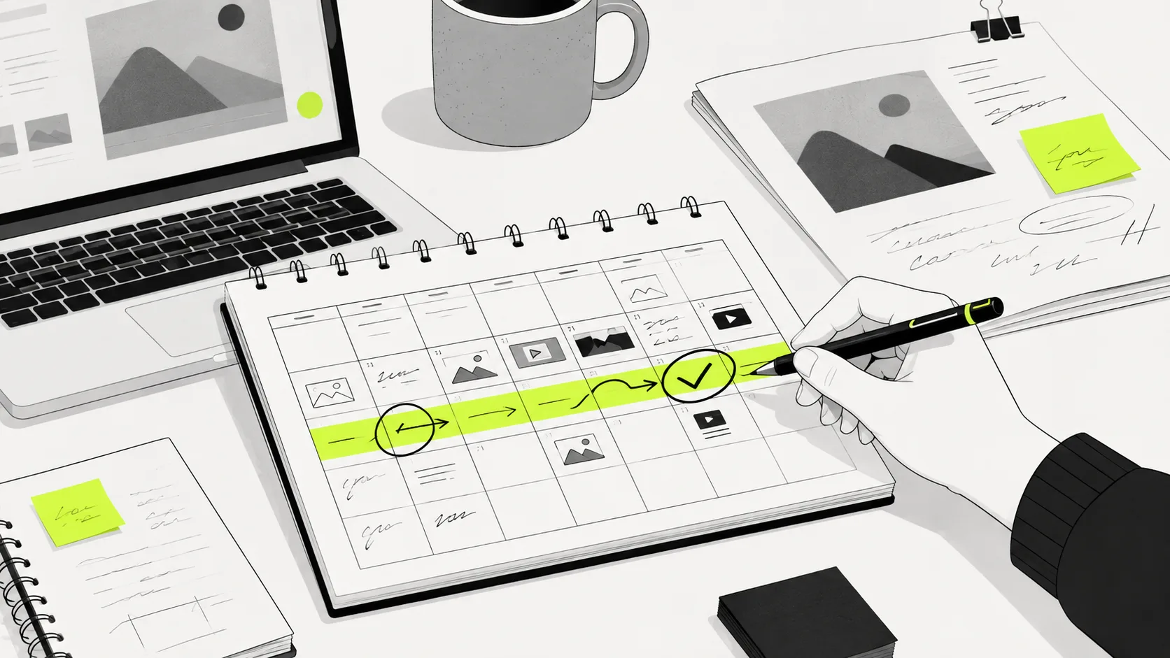 Content creation workflow showing discovery phase, production, review feedback, and calendar planning across documents and digital tools.
