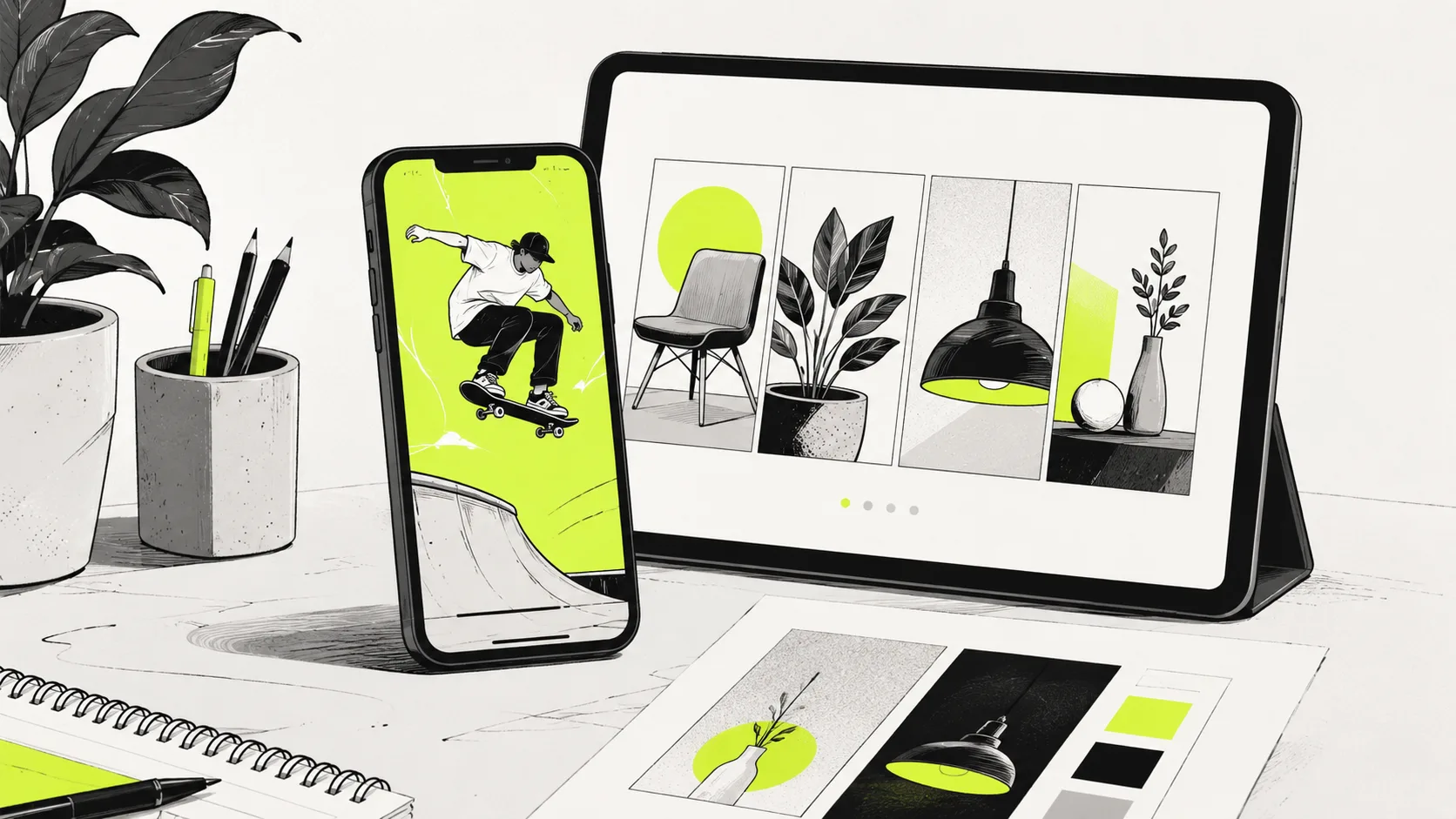 Social media content formats displayed on devices including short-form video, carousels, and platform-native designs for Instagram, TikTok, and Meta.