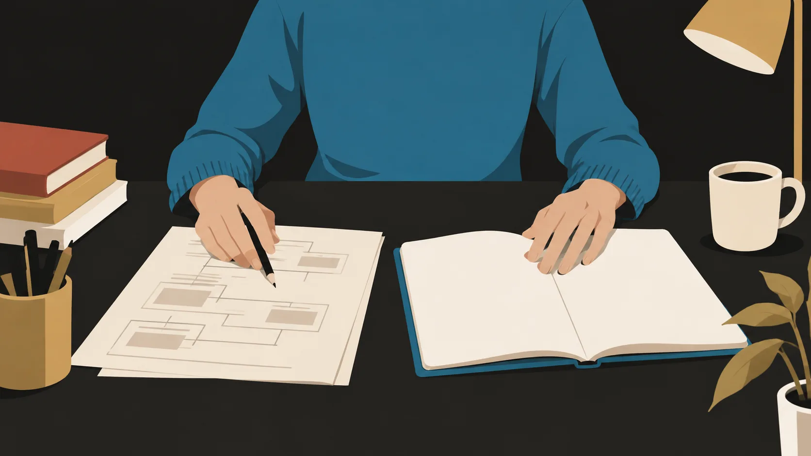 Writer choosing between outlining and drafting approaches to structure their writing