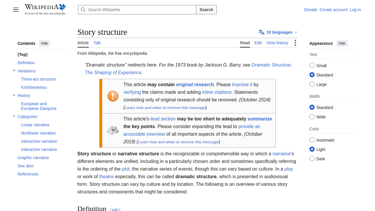 Wikipedia's article on story structure showing the foundational definition of narrative architecture.