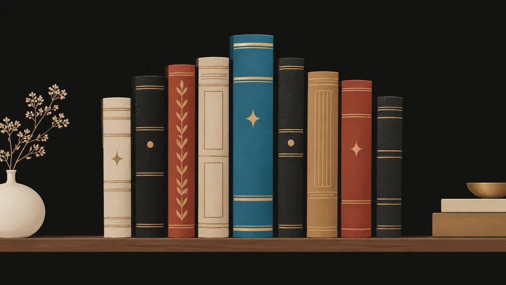 Books on a shelf representing the moving parts of a well-structured novel: disruption, rising tension, climax, and landing.