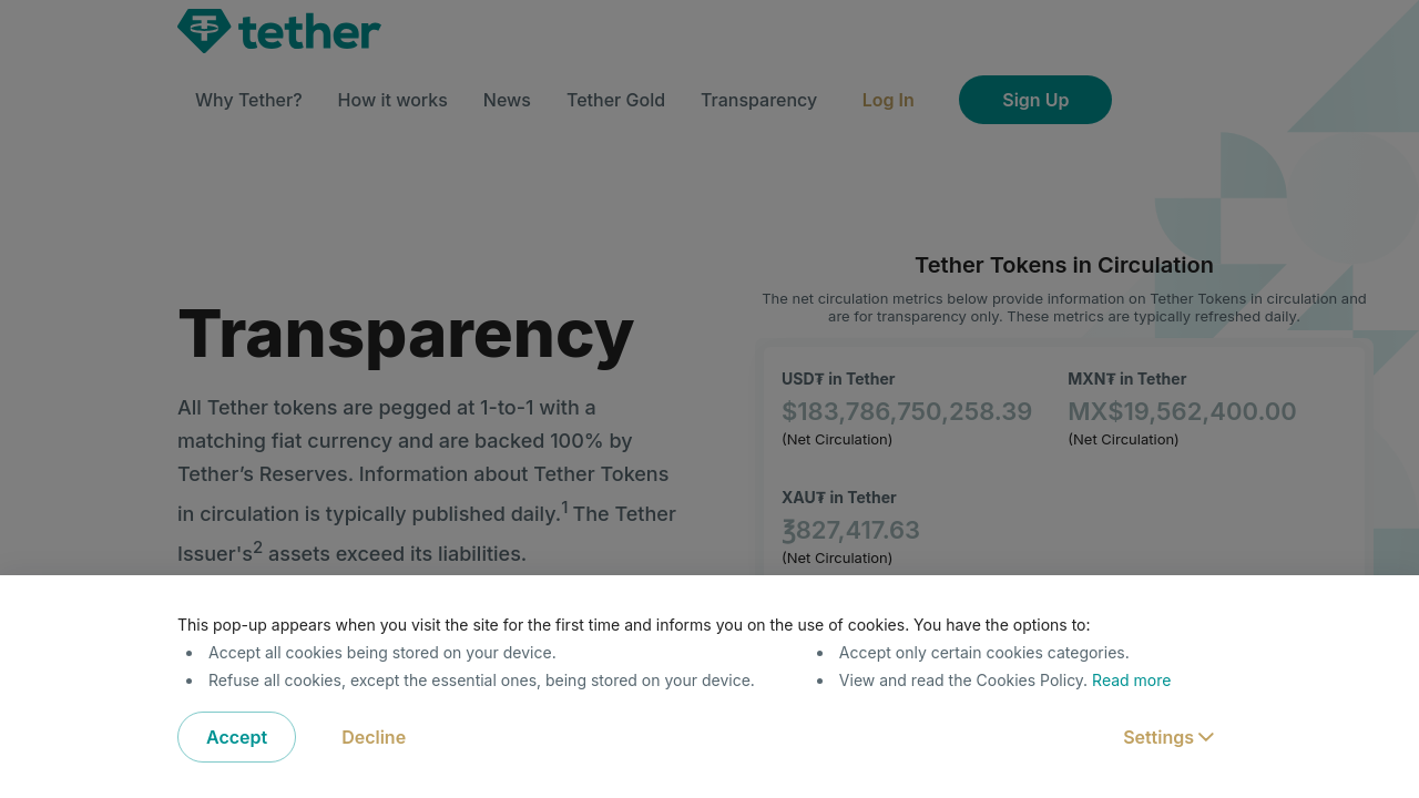Screenshot of Tether's transparency dashboard showing current reserve asset allocation and backup percentages