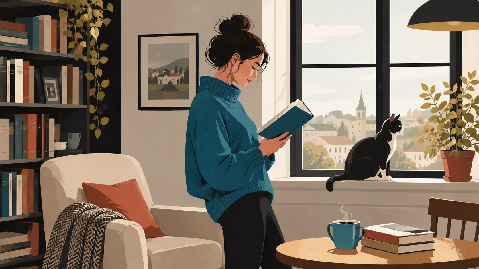 An illustration showing a protagonist in their ordinary world before the inciting incident disrupts their normal life.