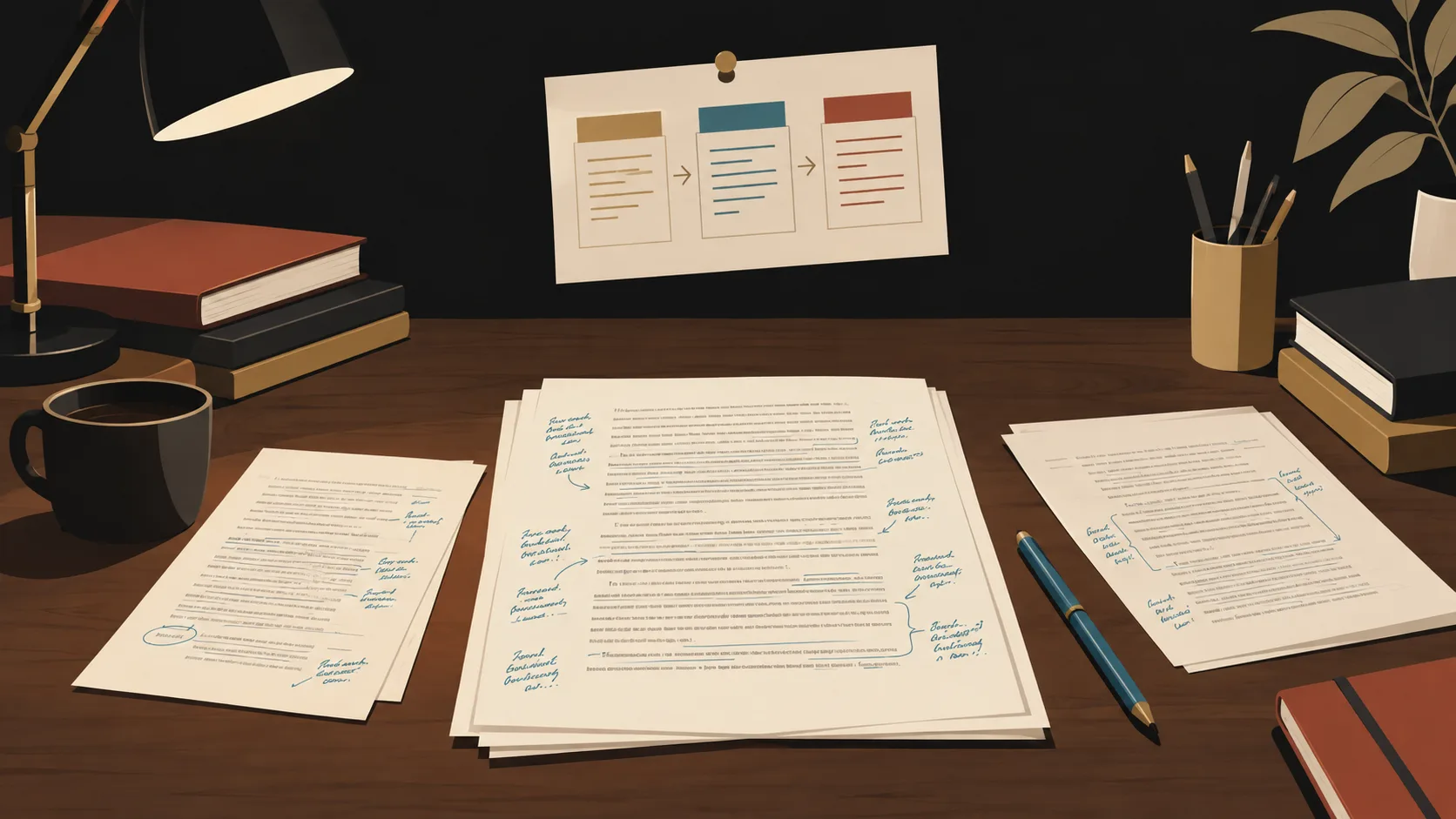 A writer's manuscript in progress with handwritten notes applying three-act structure principles to their own novel.