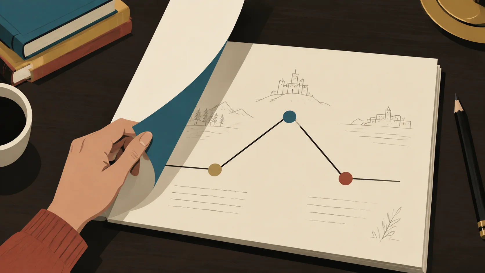 A writer's hand turning a page with the three-act structure foundation outlined in simple labels.