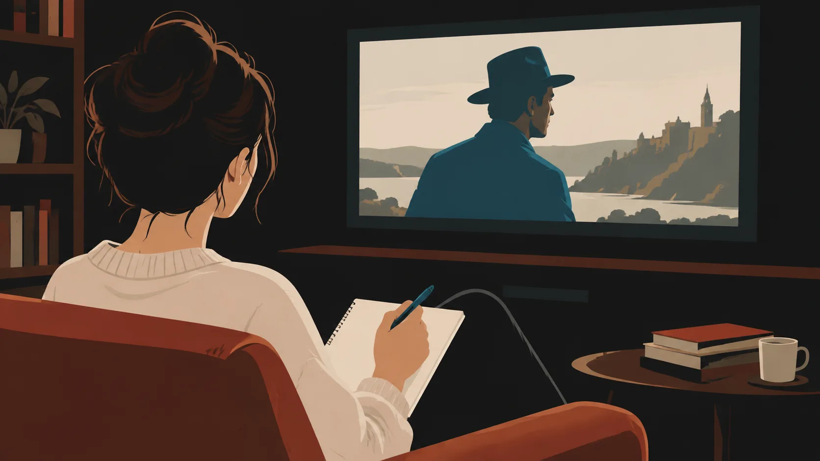 A viewer watching a film with notes, identifying three-act structure beats in cinema.
