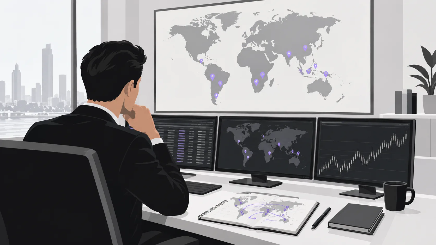 Institutional trading desk with world map and emerging market regions marked