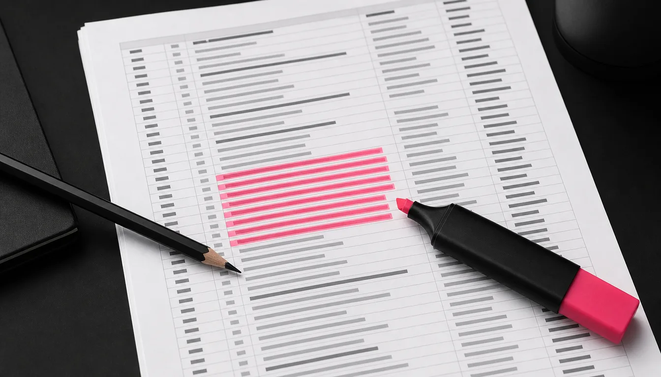 Printed URL mapping spreadsheet with highlighted unmapped pages showing technical preparation for migration