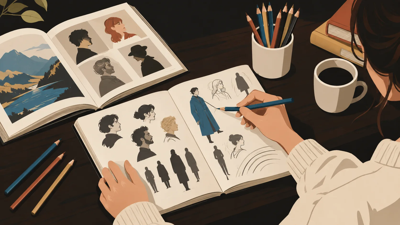 Writer sketching character arcs and emotional beats in a notebook