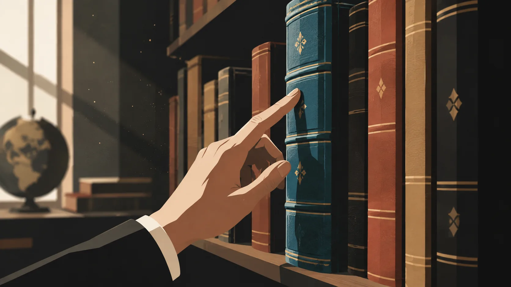 Hand selecting an academic book from a library shelf