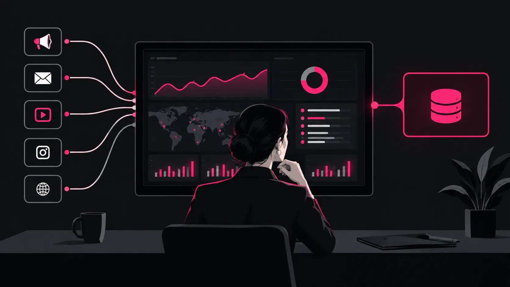 AI marketing automation dashboard showing data aggregation, pattern recognition, and content generation workflows